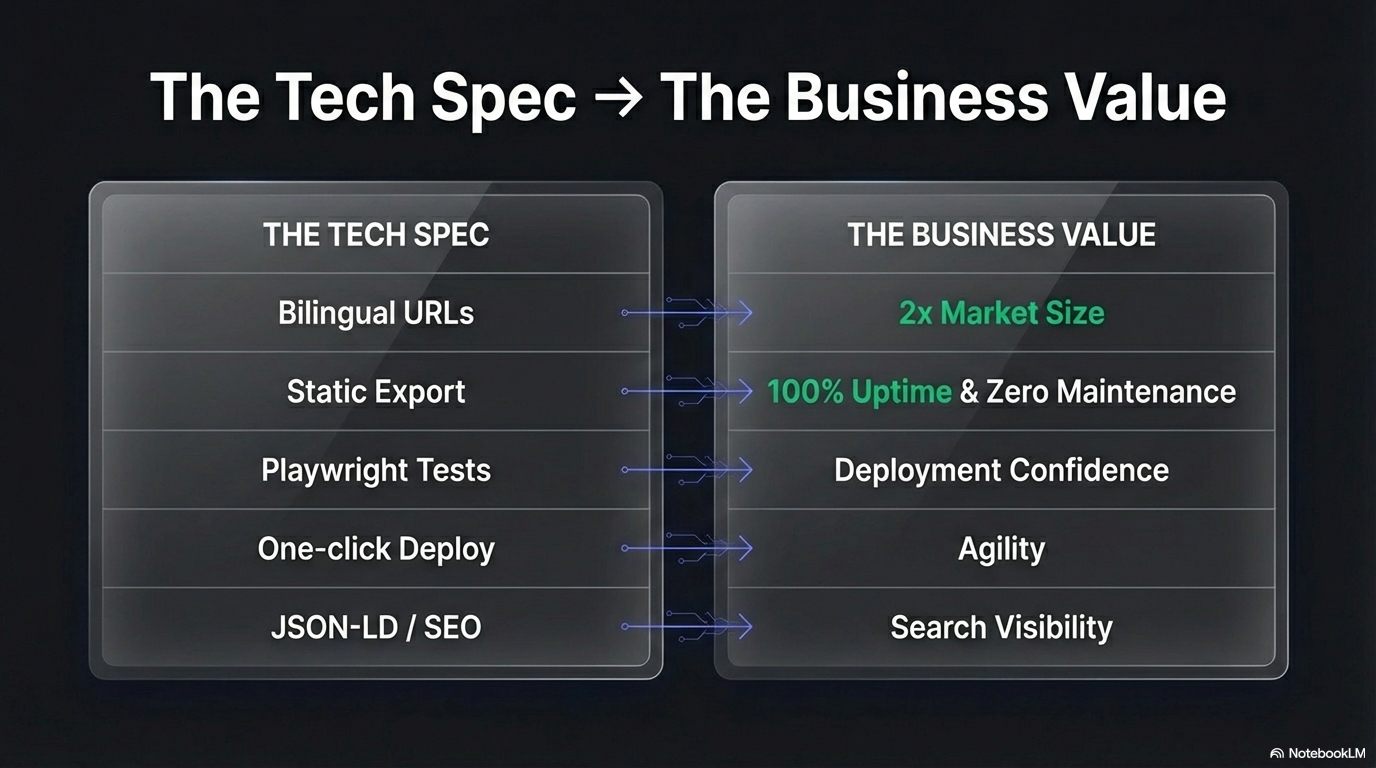 Tech Spec to Business Value — bilingual = 2x market, static = 100% uptime